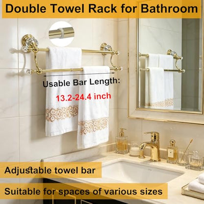 Gold Crystal Double Towel Bar, Adjustable Towel Racks for Bathroom | Polished Gold Towel Bar for Bathroom Wall Mounted Fits 18-30 Inch Wall Space, Stainless Steel Towel Rod Holder - color: Gold Towel Bar