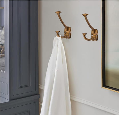 Antique Brass Hooks Large Wall Mounted Decorative Solid Heavy-Duty Double-Sided Coat Hooks Triple Coat Hook Towels Coats Robes Towels Bag Bathroom Three Prong Coat Hook (2 Pack) - color: Antique Brass