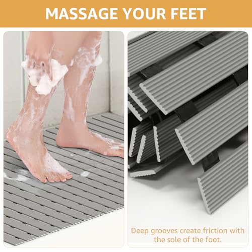 Yolife PVC Large Shower Mat, 35.4 × 24 Inch Non Suction Cup Non Slip Shower Floor Mat, Easy to Cut & Curlable Stand Up Shower Stall Mat, Heavy Duty Bath Shower Mats for Inside Shower - color: Light Grey