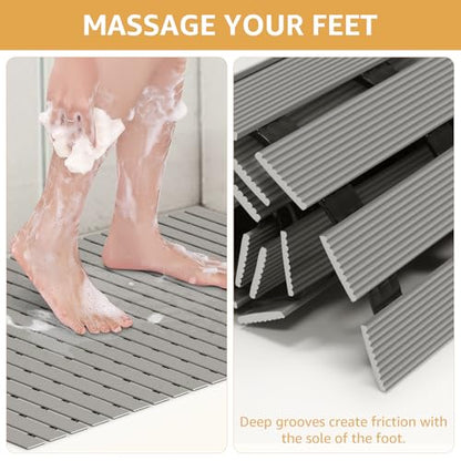 Yolife PVC Large Shower Mat, 35.4 × 24 Inch Non Suction Cup Non Slip Shower Floor Mat, Easy to Cut & Curlable Stand Up Shower Stall Mat, Heavy Duty Bath Shower Mats for Inside Shower - color: Light Grey