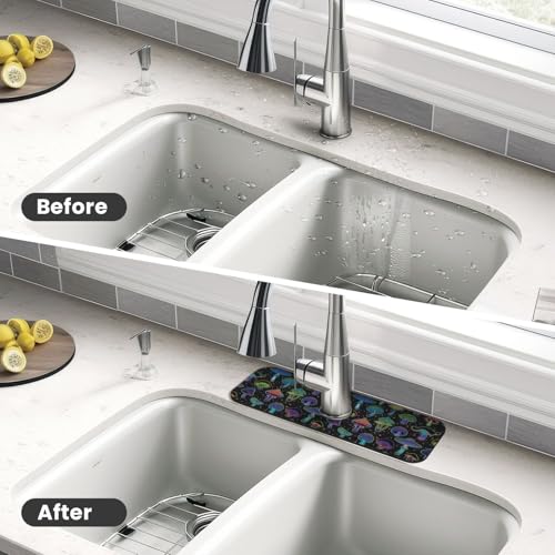 Cool Mushroom Mushrooms Kitchen Sink Splash Guard Faucet Mat Super Absorbent Fast Drying Mat Sink Gadgets-Fast Drying Pad Sink Mat For Kitchen Bathroom (15" X 5.5" ) - color: Cool Mushroom