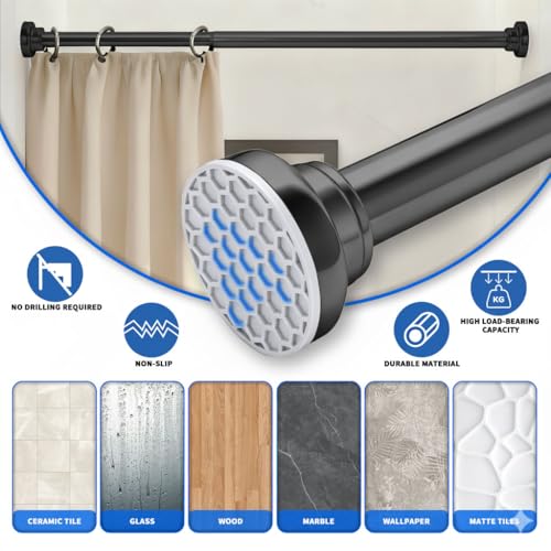 Black Shower Curtain Rod 24-40 Inch Integration Tension Curtain Rod, Load 44LBS No Splice 304 Stainless Steel Adjustable Spring Heavy Duty Tension Rods for Bathroom Windows No Drill Non Slip - color: Black, size: 24-40 Inch