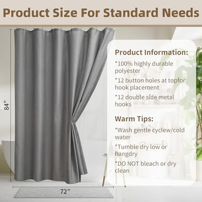 Siiluminisoy Shower Curtain and Liner Set, Waffle Shower Curtain Set with 12 Stainless Steel Hooks, Waterproof Luxury Fabric Shower Curtains for Bathroom and Hotel, Grey, 72" W x 84" H - color: Grey, size: 72"W x 84"L (Pack of 1)