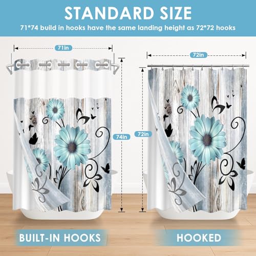 No Hook Shower Curtain with Snap in Liner 71x74 Inch Flower Teal | Rustic Daisy Farmhouse Modern Double Layers Waterproof Fabric with See Through Top Window Open Grommet Bath Curtain - color: Teal Floral, size: 71"W x 74"L (Pack of 1)