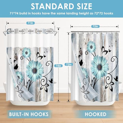 No Hook Shower Curtain with Snap in Liner 71x74 Inch Flower Teal | Rustic Daisy Farmhouse Modern Double Layers Waterproof Fabric with See Through Top Window Open Grommet Bath Curtain - color: Teal Floral, size: 71"W x 74"L (Pack of 1)