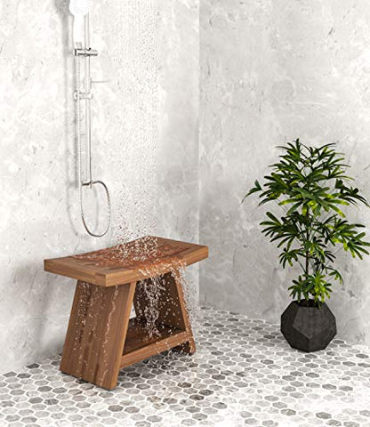 AquaTeak Asia 24" Teak Shower Bench with Shelf & Premium Teak Oil | Durable, Water-Resistant Teak, Shower Chair & Shaving Foot Rest, Indoor/Outdoor Use - size: B. Bench w/ Teak Oil