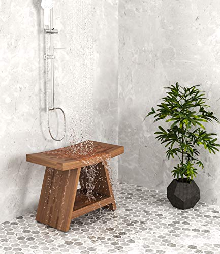 AquaTeak Asia 24" Teak Shower Bench with Shelf & Two-Step Care Kit | Durable, Water-Resistant Teak, Shower Chair & Shaving Foot Rest, Indoor/Outdoor Use - size: D. Bench w/ Care Kit