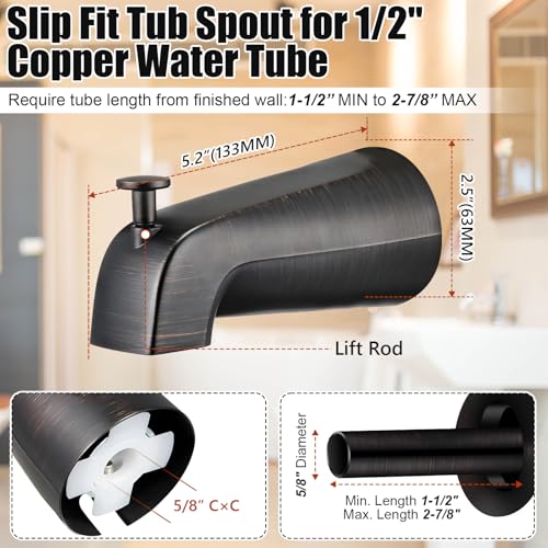 Diverter Tub Spout Compatible with Kohler GP85556-CP (Oil Rubbed Bronze) | Slip On Bathroom Bathtub Faucet Replacement for 1/2"Copper Water Tube, Metal Cover Ring and Foam Gasket Included - color: Oil Rubbed Bronze