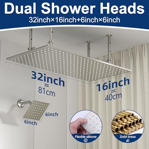 Dual Shower Heads System 16"x32" Ceiling Mount Rainfall and 6" Wall Mounted Shower Heads with 6 body Jets Thermostatic Shower Valve Full Body Shower System,Brushed Nickel - color: Brushed Nickel