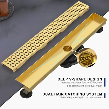 32 Inch Linear Shower Drain - Brushed Gold, with Removable Grate | AISI 304 Stainless Steel Shower Drain, Long Rectangle Shower Floor Drain with Adjustable Feet, Fits Bathroom & Balcony etc - color: Brushed Gold, size: 32 in
