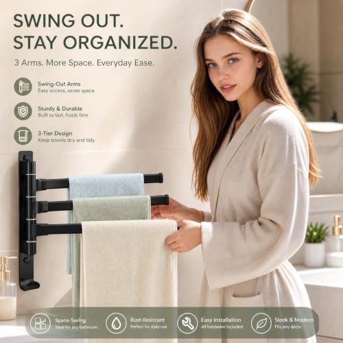 2-5 Arms Swivel Towel Rack Bath Towel Holder with Hook Swing Arm Towel Rack Wall Mount for Bathroom Kitchen-Black 3Arm - color: Black, size: 3-arm