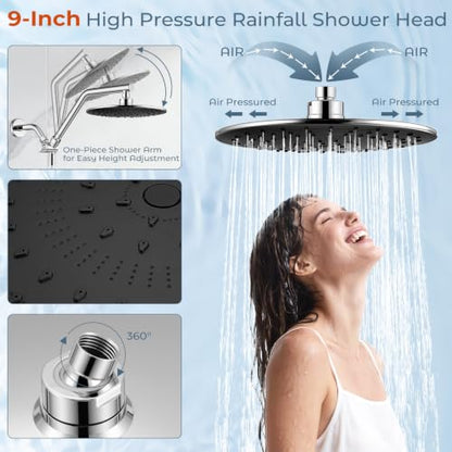 Shower Head with Handheld High Pressure Chrome, Adjustable Bar | No drilling required, Height-Adjustable, 9-inch rainfall head, silicone slide bar, 3-waydiverter, 59-inch hose, G1/2 fit - color: 1-Chrome