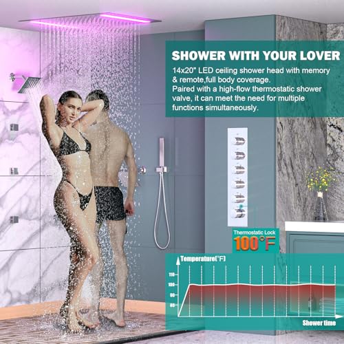 HOMEDEC Multi-Function Shower System with 14x20" LED and Dual 6" Shower Heads, 5-Way Valve Ceiling and Wall Mounted Shower Faucet Set, Chrome - color: Chrome, style: 5-Way + 2x 6" Top