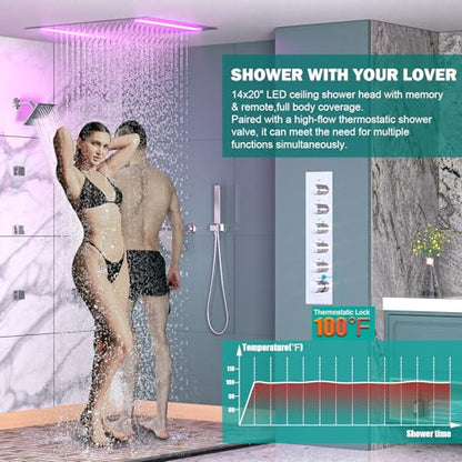 HOMEDEC Multi-Function Shower System with 14x20" LED and Dual 6" Shower Heads, 5-Way Valve Ceiling and Wall Mounted Shower Faucet Set, Chrome - color: Chrome, style: 5-Way + 2x 6" Top