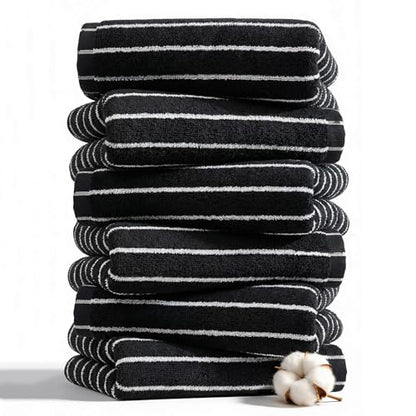 Black and White Hand Towels Bathroom Cotton Striped Towels, 13 x 29 Inches, Lightweight Quick-Dry Absorbent, 6 Piece Set - color: Black