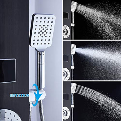 ELLO&ALLO LED Rainfall Waterfall Shower Head Rain Massage System with Body Jets Stainless Steel Bathroom Shower Panel Tower System, Brushed Black