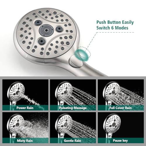 Handheld Shower Head with Slide Bar Combo, 6 Settings Handheld Shower with ON/OFF Pause Switch, Adjustable Height 27.5" Long Slide Bar, Wall Supply Elbow and 6.6ft Shower Hose, Brushed Nickel - color: Brushed Nickel
