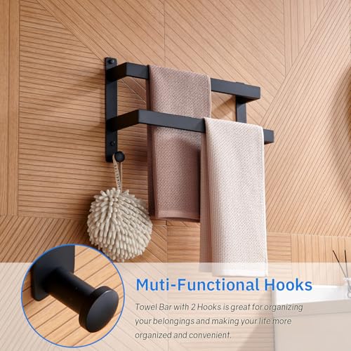 16 Inch Double Towel Bar with Hooks Matte Black, Stainless Steel Bath Shower Towel Rack Wall Mounted Towel Rod Holder for Bathroom - color: Matte Black, size: 16-Inch