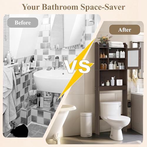 ZENY Over The Toilet Storage Cabinet, Bathroom Organizer with Adjustable Shelf and Double Doors, Freestanding Bathroom Space Saver Toilet Rack (Brown) - color: Brown