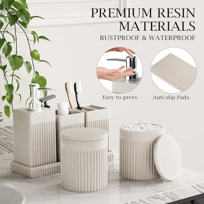 6-Piece Beige Bathroom Set - Sleek Resin Bathroom Accessories Set with Soap Dispenser, Toothbrush Holder, Vanity Tray, Tumbler & Apothecary Jars for Small Spaces - color: Beige