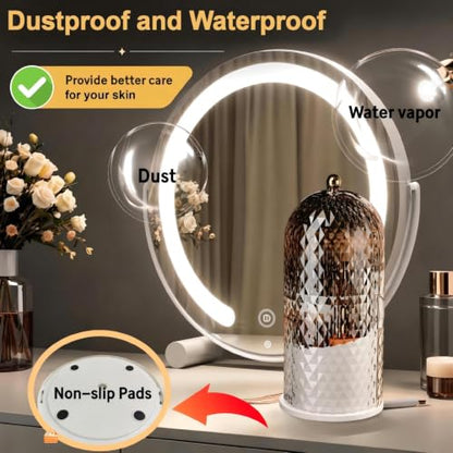 Makeup Brush Holder with Lid,360 Rotating Makeup Organizer | Makeup Brush Organizer with Diamond Pattern,Waterproof,Dustproof,Easy-Clean for Desk,Bathroom Countertop,Vanity,Travel,White