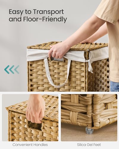 SONGMICS Laundry Hamper with Lid, 9.5 Gallon (36 L) Synthetic Rattan Clothes Laundry Basket with Lid and Handles, Foldable, Removable Liner, Goose Yellow ULCB136Y01 - color: Goose Yellow, size: 36 L