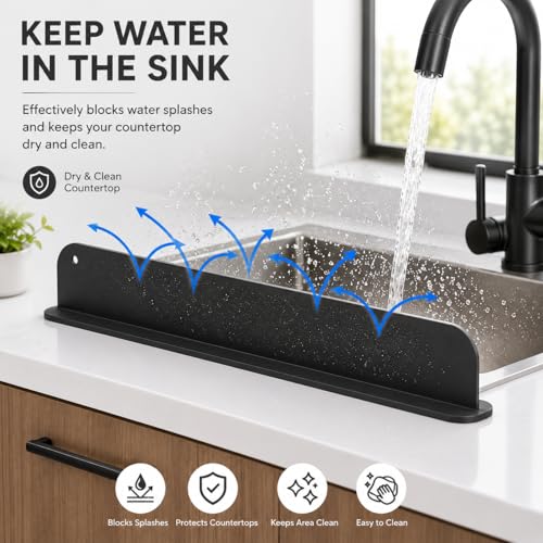 19.2 Inch (49 cm) Silicone Sink Splash Guard with Suction Mount, Kitchen Faucet Water Splash Guard, Anti-Splash Sink Protector for Countertop Behind Faucet