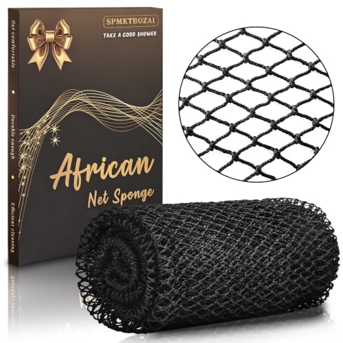 SPMKTBOZAI African Net Sponge Authentic, Exfoliating Net for Body Back | African Net Sponge with Knots| Long Stretch Net Sponge| African Net for Sensitive Skin| Durable & Quick Dry| Daily Use| Black - color: Black
