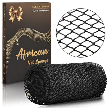 SPMKTBOZAI African Net Sponge Authentic, Exfoliating Net for Body Back | African Net Sponge with Knots| Long Stretch Net Sponge| African Net for Sensitive Skin| Durable & Quick Dry| Daily Use| Black - color: Black
