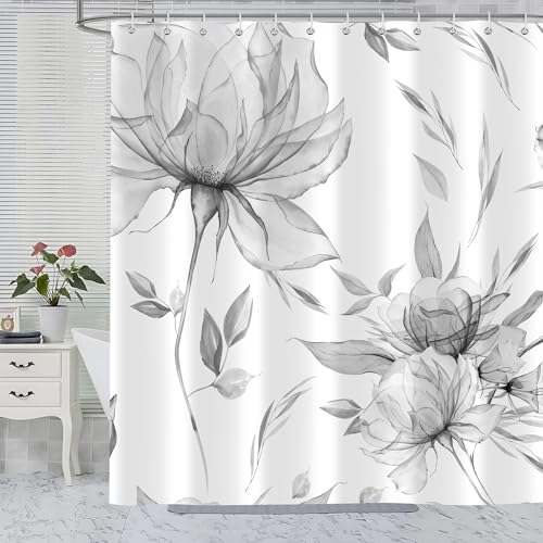 Grey Watercolor Floral Shower Curtain, Flower Leaves Minimalist Aesthetic Art Shower Curtains for Bathroom Sets Decor, Waterproof Polyester Cloth Fabric with 12 Hooks,72x84 Inch - color: Grey, size: 72"W x 84"L (Pack of 1)