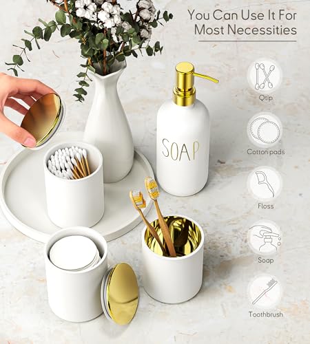 6Pcs White&Gold Bathroom Accessories Set with Tray, Bathroom Counter Sets | Perfect For Creating A Clean, Modern Bathroom Countertop In Apartments, Master Bathrooms, Guest Bathrooms And Airbnb Spaces. - color: White&gold