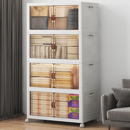 UAMFURI Stackable Storage Bins with Lids, 480QT Lockable Storage Cabinet | Folding Storage Box with Doors and Wheels, Collapsible Plastic Drawers for Home, Garage, Office - color: White, size: Large