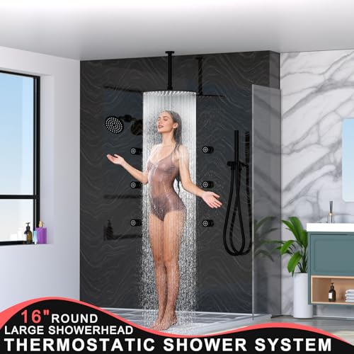 HOMEDEC 16inch Round Shower System with 6" Wall Mounted Shower Head, 4 Way Shower Diverter Valve with 2-Function Handheld Shower and Body Jets, Black - color: Black, style: 4-Way + 1x 6" Top