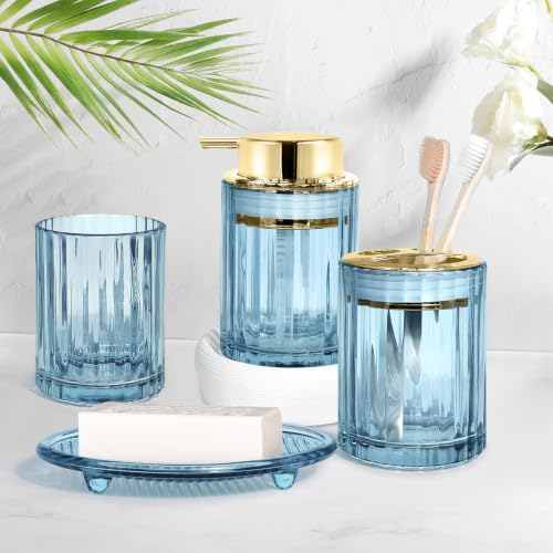 CERBIOR Bathroom Accessories Set, 4 PCS Glass Bathroom Set,Golden Blue | Includes Soap Dispenser, Toothbrush Holder, Toothbrush Cup, Soap Dish for Decorative Countertop and Housewarming Gift - style: Grey Blue