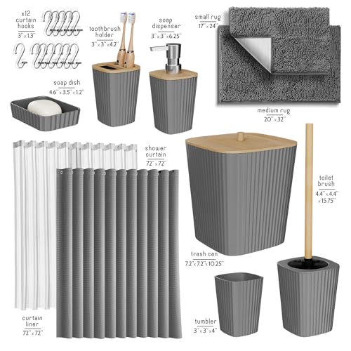 Clara Clark Bathroom Set, Bathroom Sets with Shower Curtain and Rugs | 22 Piece Grey Bathroom Accessories Set with Toothbrush Holder, Soap Dispenser, Soap Dish, Toilet Brush, and Trash Can - color: Grey, size: Complete Set + Bath Rugs