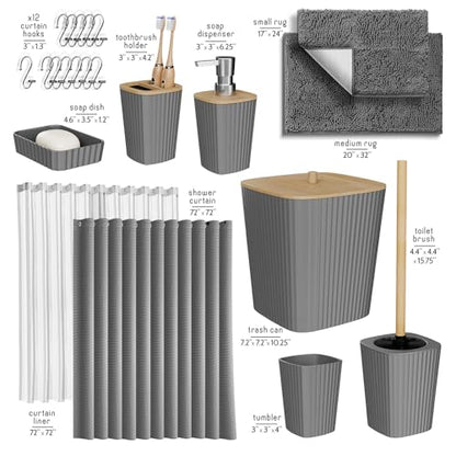 Clara Clark Bathroom Set, Bathroom Sets with Shower Curtain and Rugs | 22 Piece Grey Bathroom Accessories Set with Toothbrush Holder, Soap Dispenser, Soap Dish, Toilet Brush, and Trash Can - color: Grey, size: Complete Set + Bath Rugs