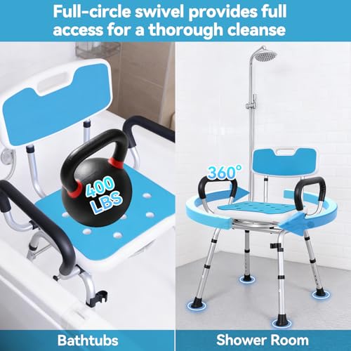 Swivel Shower Chair with Removable Back and Arms, Adjustable Height | 400 lbs Shower Chair for Elderly and Disabled, 360° Rotating with Locking Seat, Non-Slip Bath Seat for Inside Shower, Tub - color: Light Blue