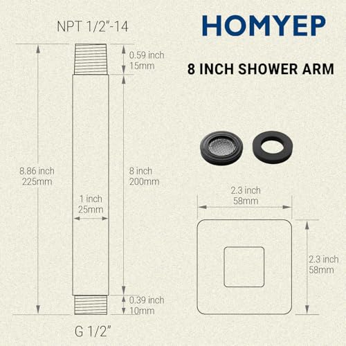 8 Inch Square Shower Arm with Flange, Straight Extension Arm for Ceiling Mount Rainfall Shower Head, Male NPT 1/2 to G 1/2 Inch, Matte Black - color: Matte Black, style: 8-Inch