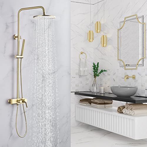 Brushed Gold Exposed Shower System with 2 Modes HandHeld,3 Functions Tub Shower Faucet Sets with Brass Valve, Shower Fixture with 10 Inches Rainfull Shower Head,Shower Height Adjustable - color: B- Brushed Gold with Round Shower Head