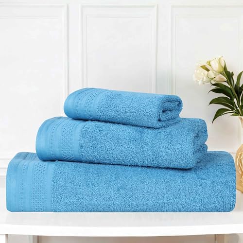 BLUENILEMILLS Honeycomb 500GSM, Textured Waffle Border, Highly Absorbent and Soft, Cotton Light to Medium Weight 3 Piece Towel Set, Azure - color: Azure, size: 3 PC Towel Set