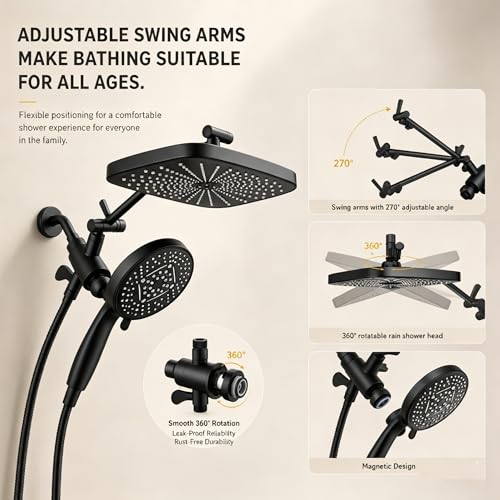 High Pressure Shower Head with Handheld, Upgrade Rain Shower Heads with Fixed Showerhead Combo, 10 Sprays Handheld Shower Head Built in Power Jets, 71" Long Hose, Matt Black - color: Black