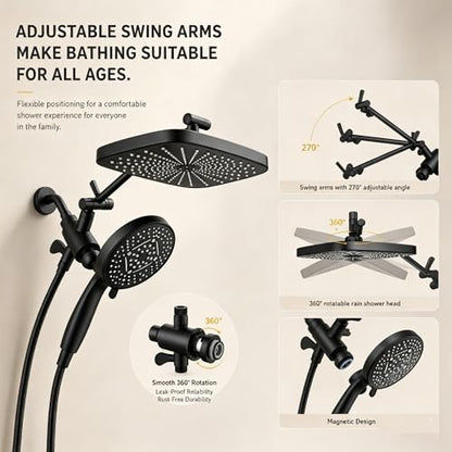 High Pressure Shower Head with Handheld, Upgrade Rain Shower Heads with Fixed Showerhead Combo, 10 Sprays Handheld Shower Head Built in Power Jets, 71" Long Hose, Matt Black - color: Black