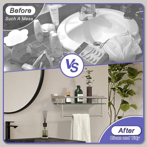 16-Inch Modern Glass Shelf with Towel Bar, 1-Shelf, Brushed Nickel Finish, Wall Mount, Bathroom Organizer - color: Brushed Nickel, size: 16-inch with Railing