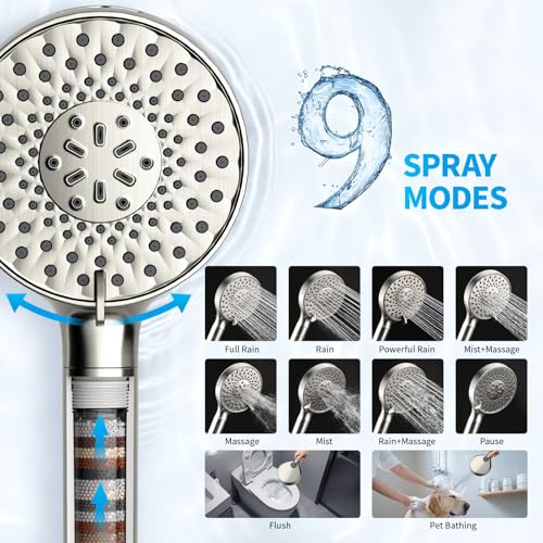 Shower Faucet Set Shower System - EMBATHER Brushed Nickel Push Button Diverter Filtered Dual Shower Faucet Valve Kit with Rain Ceiling Mount 10'' Shower Head 6'' Wall Mount, 9 in 1 Handheld for Couple