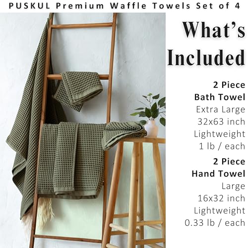 PÜSKÜL Natural 100% Turkish Cotton Waffle Towels Set of 4-Piece Khaki Green | 2-Bath sheet (Extra-large 32x63") and 2-Hand towel (Large 32x16"). Premium honeycomb-waffle weave, oeko-tex made in Turkiye. - color: Khaki Green