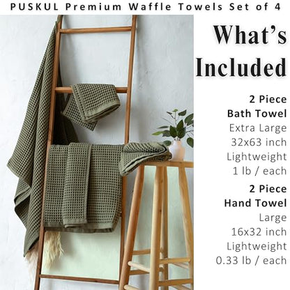 PÜSKÜL Natural 100% Turkish Cotton Waffle Towels Set of 4-Piece Khaki Green | 2-Bath sheet (Extra-large 32x63") and 2-Hand towel (Large 32x16"). Premium honeycomb-waffle weave, oeko-tex made in Turkiye. - color: Khaki Green