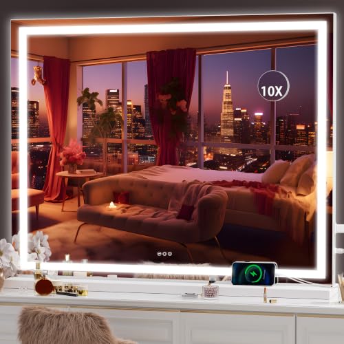 Hasipu Vanity Mirror with Lights, 39.4" x 28.7" LED Makeup Mirror, Lighted Makeup Mirror with Dimmable 3 Modes - color: White, size: 39.4"L x 28.7"W