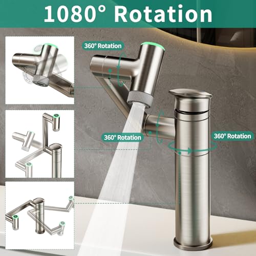 Bathroom Faucet 1 Hole with Temperature Display, Brushed Nickel | Batteries-Free, 1080° Rotatable Single Hole Bathroom Faucet, Single Handle Bathroom Vanity Faucets, 2 Spray Modes - color: Brushed Nickel