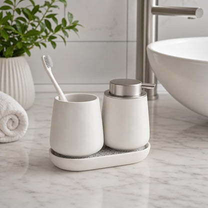 Ceramic Bathroom Accessories Set, 3 Pieces with Soap Dispenser, Toothbrush Holder, and Cup, Matte Black, Polished Finish (White) - color: White