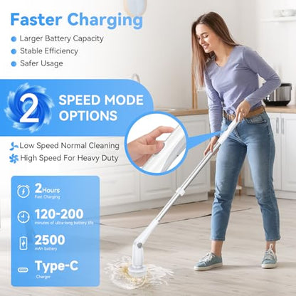 Electric Spin Scrubber, Cordless Cleaning Brush with 8 Replaceable Cleaner Brush, Power Shower Scrubber with Long Handle, Electric Scrubber for Cleaning Floor Bathroom Bathtub Tile